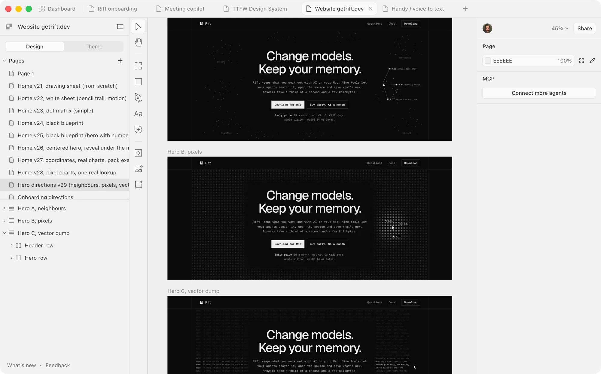The Paper app with one of my design files open. On the left, the list of its pages, named Home v21 to Home v28, then Hero directions v29 and Onboarding directions. In the middle, 3 dark versions of the same page top, one under the other, labelled Hero A, neighbours, Hero B, pixels, and Hero C, vector dump. Each has the headline Change models. Keep your memory. and 2 buttons. On the right, a panel with a button, Connect more agents.