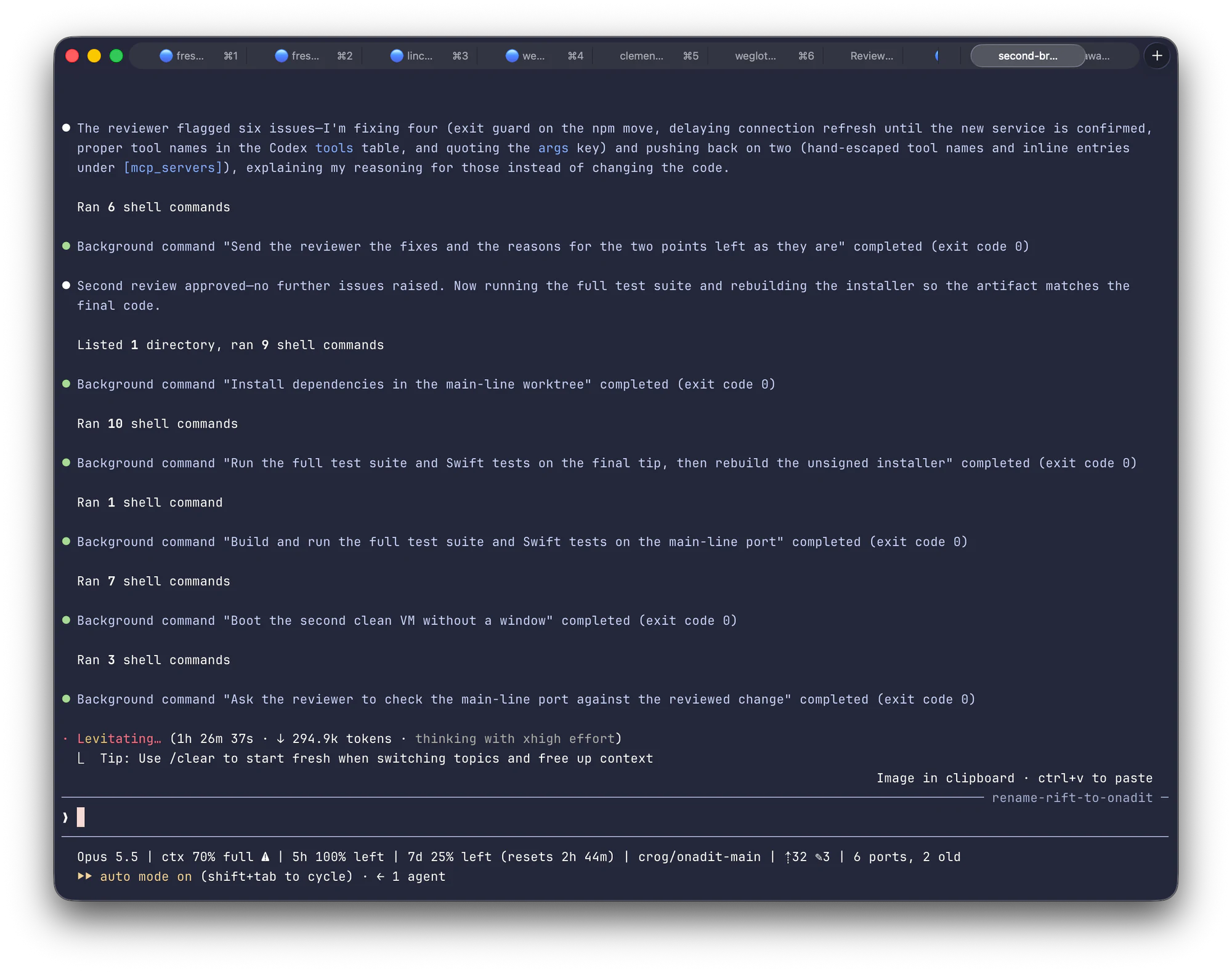 A Claude Code session. Claude writes: the reviewer flagged six issues, I'm fixing four and pushing back on two, explaining my reasoning for those instead of changing the code. Then a background command: send the reviewer the fixes and the reasons for the two points left as they are. Then: second review approved, no further issues raised.