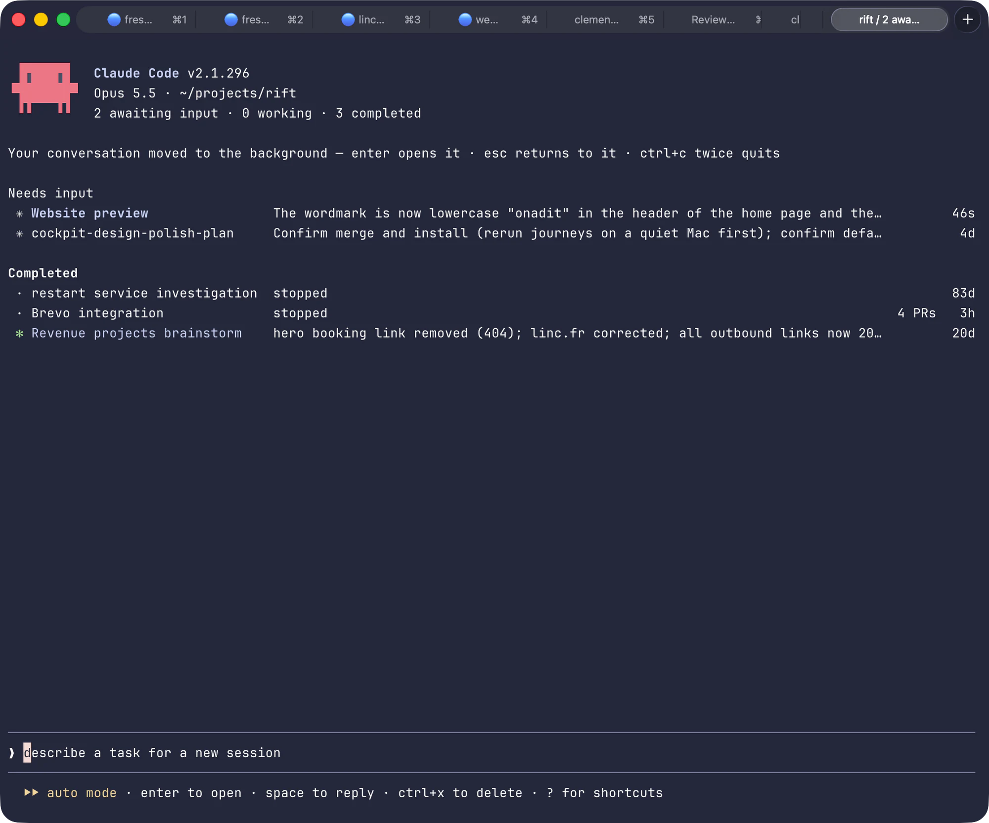 Claude Code's list of conversations running in the background in one project: 2 awaiting input, 0 working, 3 completed. Each line has a name, a one-line summary of where it stands and how long ago it stopped.