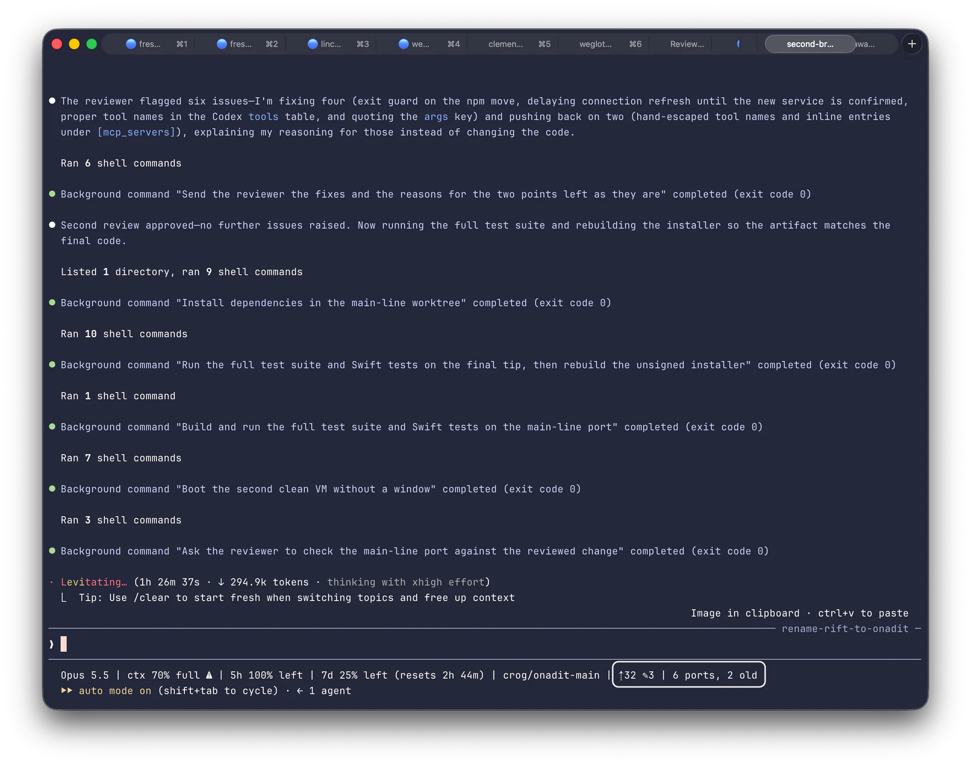 A Claude Code session reporting on a review round. At the bottom right of the status line, a ring is drawn around: 32 commits not pushed, 3 folders with unsaved changes, 6 ports, 2 old.