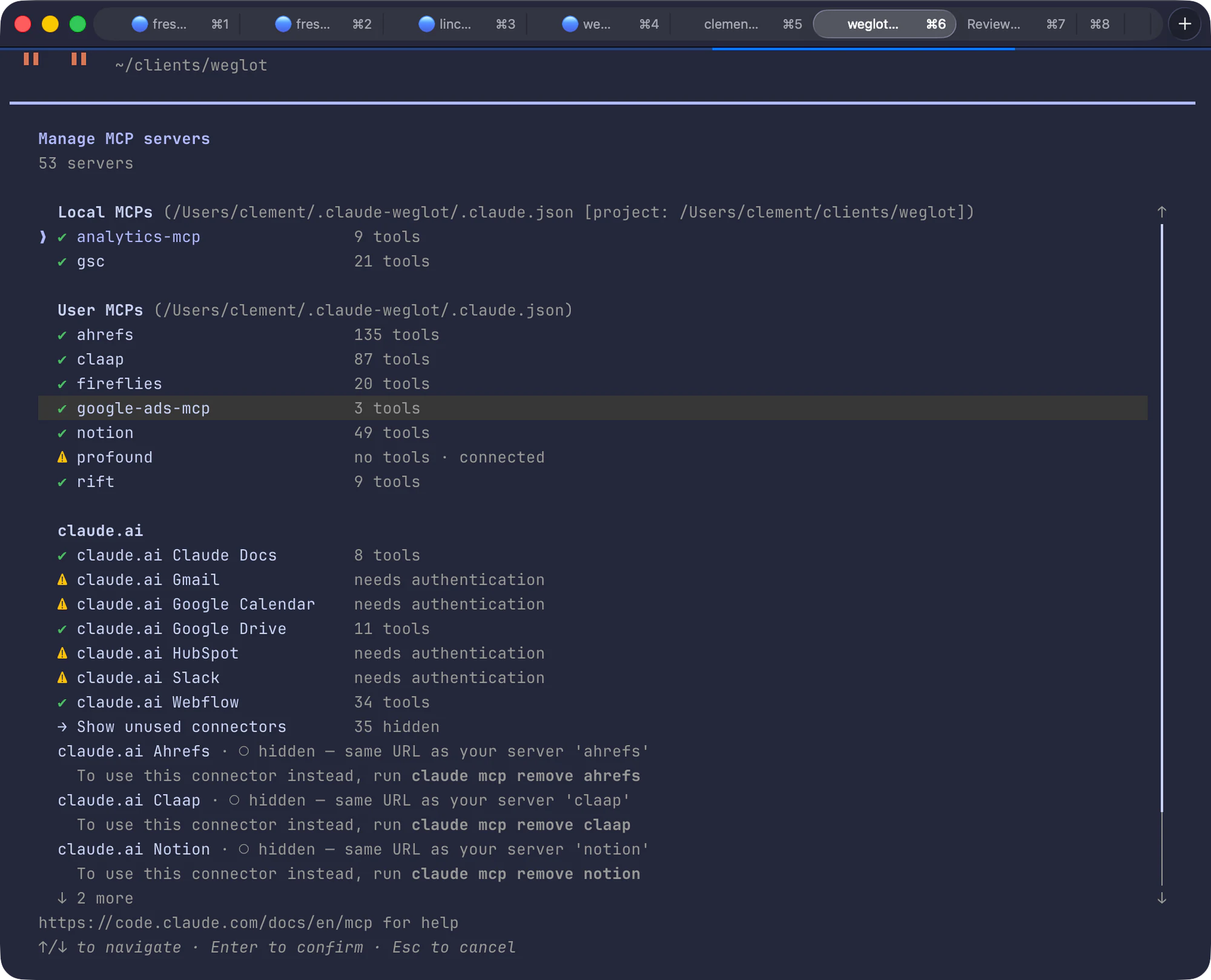Claude Code's list of connectors in one client account, 53 in all. Local ones: analytics with 9 tools, Search Console with 21. Mine: Ahrefs with 135 tools, Claap 87, Fireflies 20, Google Ads 3, Notion 49, Onadit 9, listed under its old name, rift. Then the ones that come with the Claude account: Docs, Drive and Webflow connected, Gmail, Calendar, HubSpot and Slack waiting for a login.