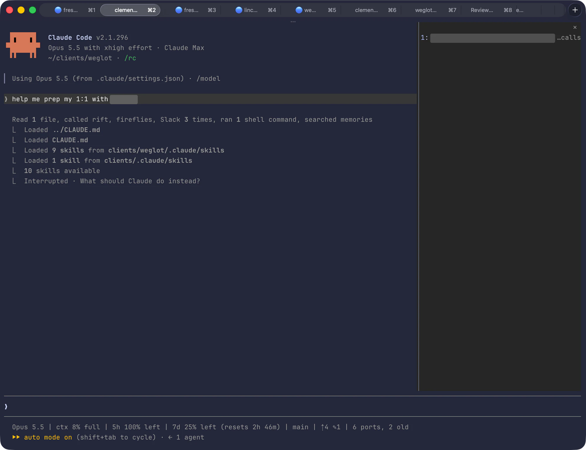 Claude Code with a pane on the right listing the one Markdown file the session touched, numbered 1. On the left, the session: it read the rules files, loaded 10 skills, and called Onadit (shown as rift), Fireflies and Slack.
