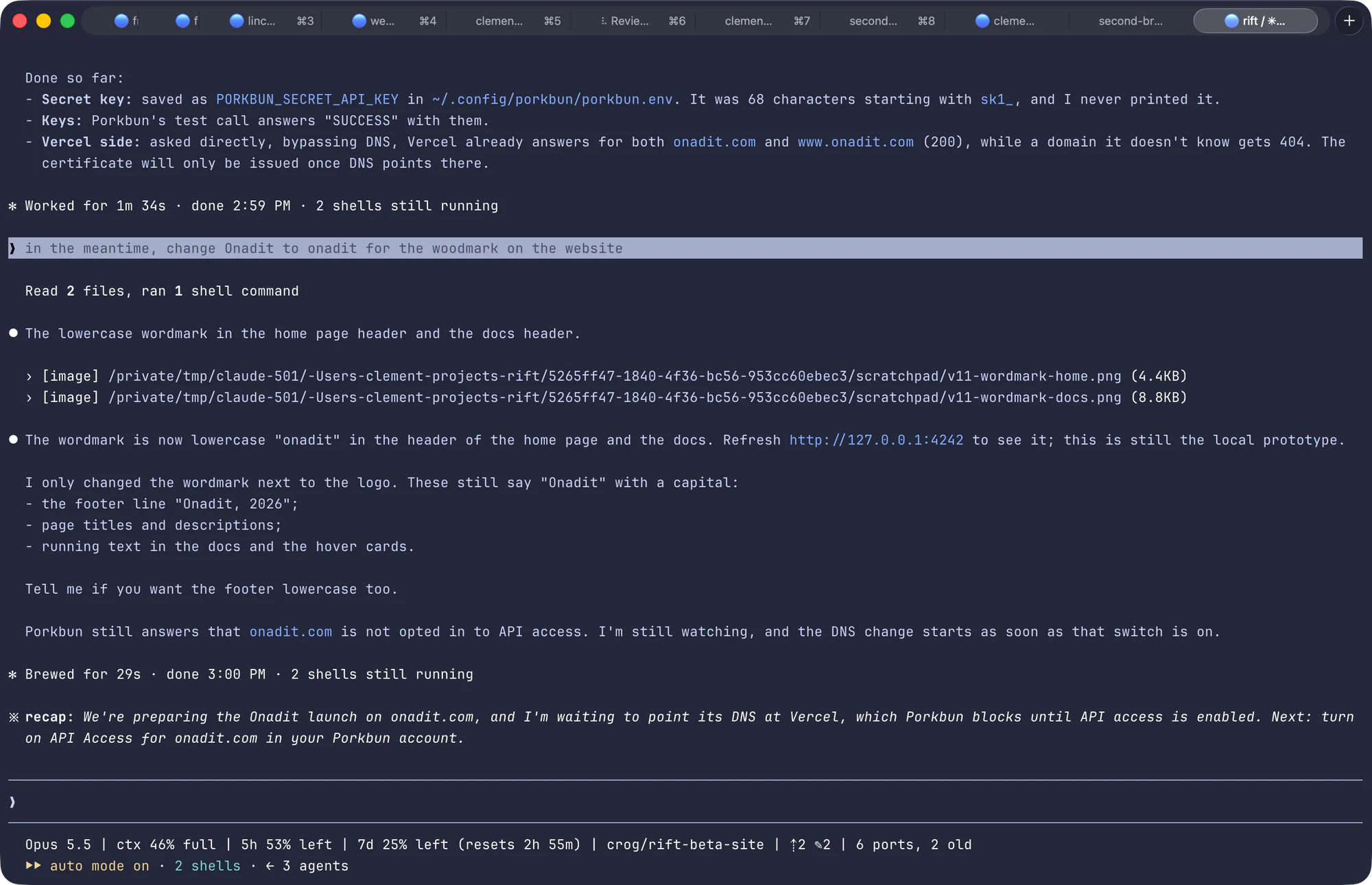 My Ghostty window. 11 tabs across the top, each named after a project. In the open tab, Claude Code reports what it did, answers a one-line request, and shows 2 screenshots it took to check its work. A status line at the bottom gives the model, how full the conversation is, the limits left, the branch, the unshipped work and the open ports.