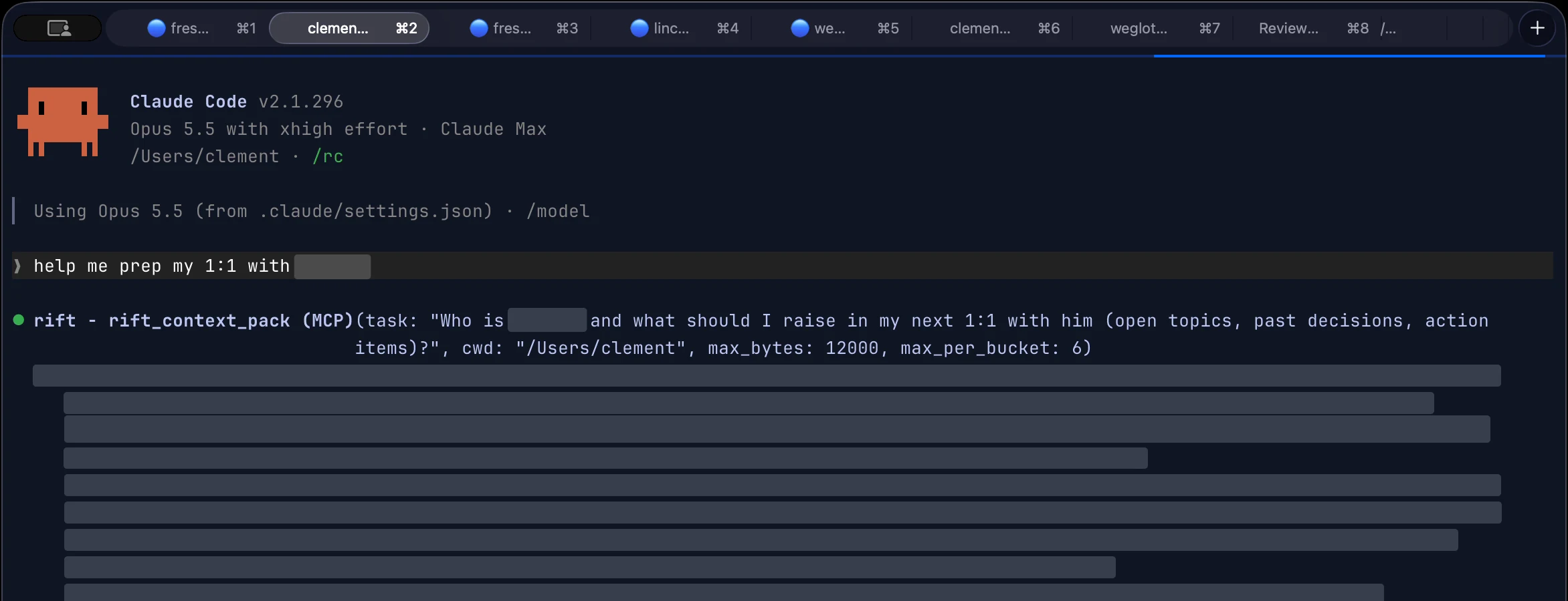 A Claude Code session. I ask for help preparing a 1:1. The first thing the agent does is call Onadit, shown under its old name, rift, with a question: who is this person and what should I raise in my next 1:1 with him, open topics, past decisions, action items. What Onadit returned is covered, line by line.