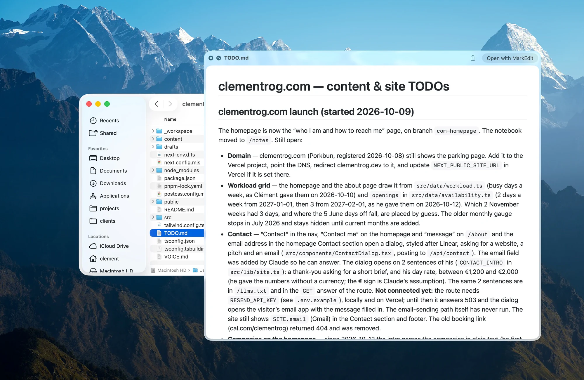 A Finder window with a project's files. TODO.md is selected, and a preview shows it with headings, lists and code formatting, with a button Open with MarkEdit.