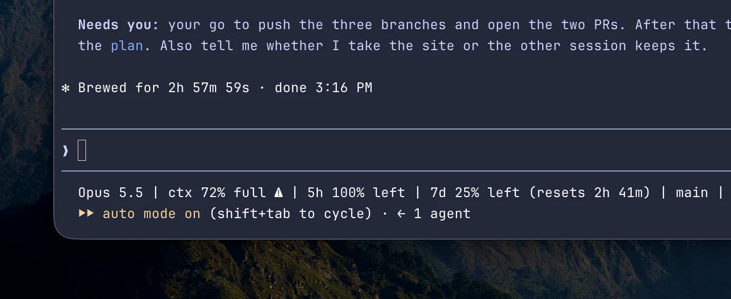 The left part of the same status line: the model, context 72% full with a warning sign, 100% of the 5-hour limit left, 25% of the weekly limit left, which resets in 2 hours 41 minutes, and the branch.