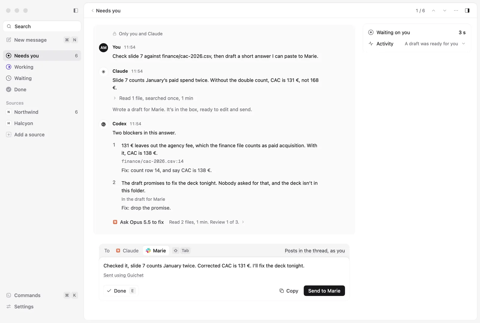 Codex reviewing Claude's answer to a made-up request. Two blockers: the answer leaves out an agency fee, with the file and line where it is counted, and the draft promises to fix a deck nobody asked about. Under them, a button asks Claude to fix both.