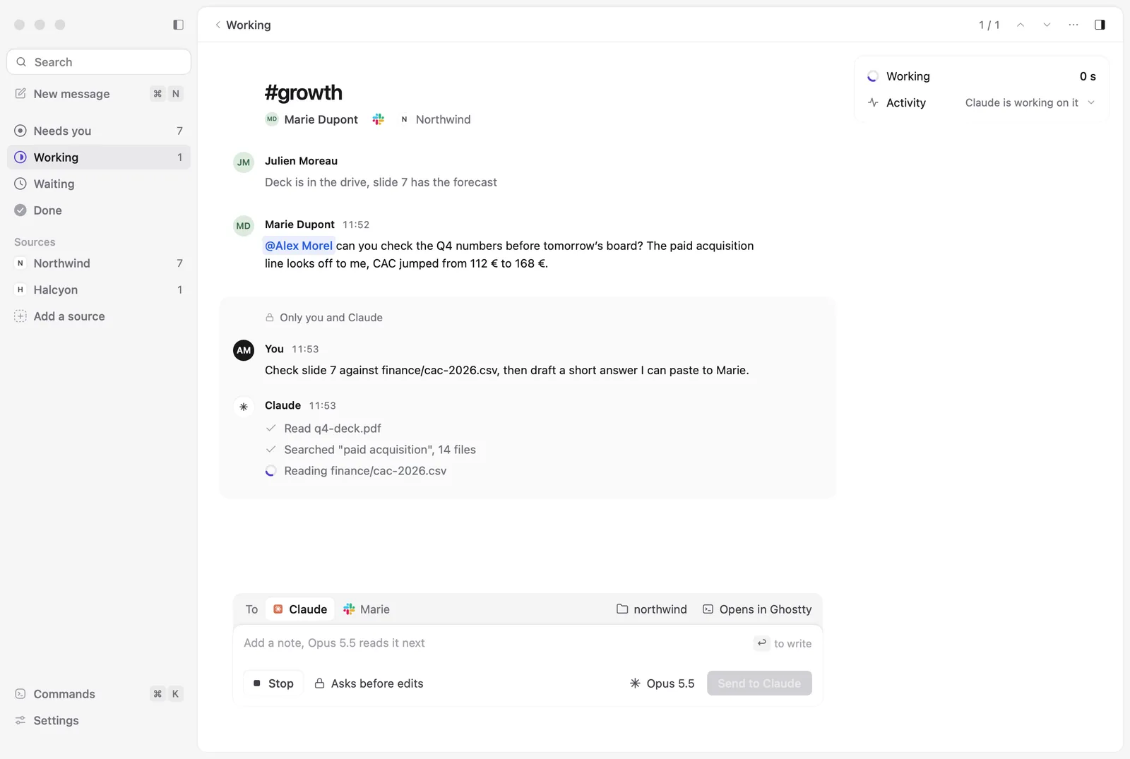 A made-up request from Marie in #growth asking to check the Q4 numbers. Under it, the note sent to Claude and its steps: it read the deck, searched 14 files, and is reading a spreadsheet.