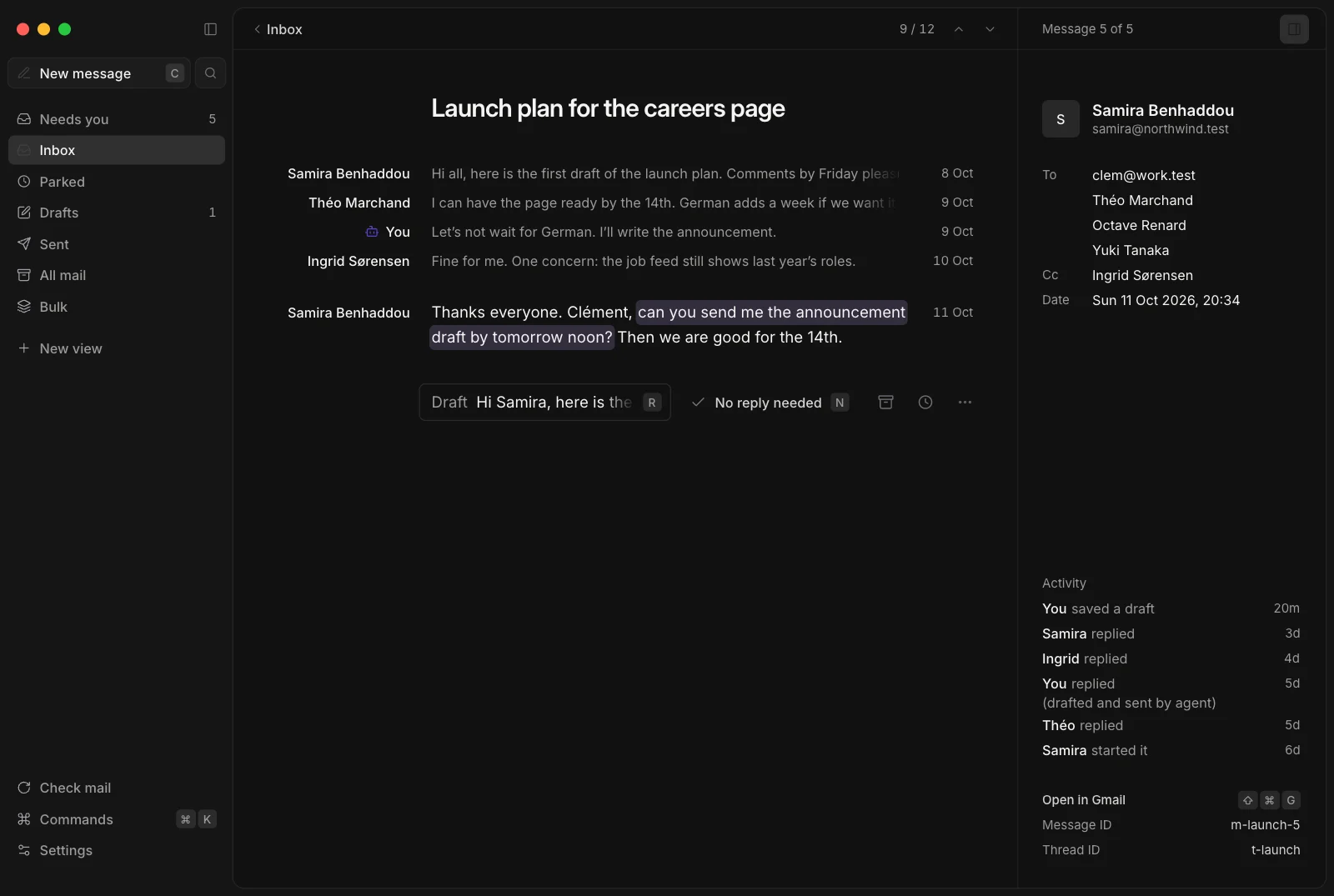 Juby with a thread open, made-up people. A small robot marks a reply drafted by an agent, and the words the assistant read are highlighted. On the right, the details and the activity of the thread, including a reply drafted and sent by an agent.