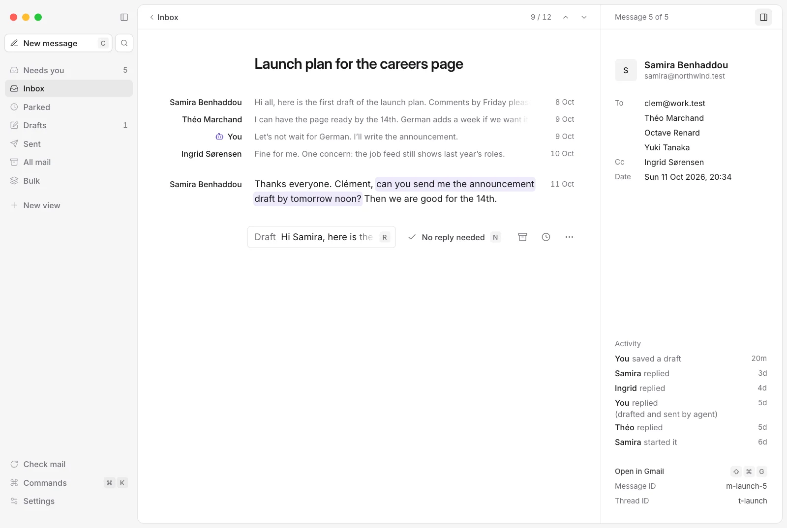 Juby with a thread open, made-up people. A small robot marks a reply drafted by an agent, and the words the assistant read are highlighted. On the right, the details and the activity of the thread, including a reply drafted and sent by an agent.