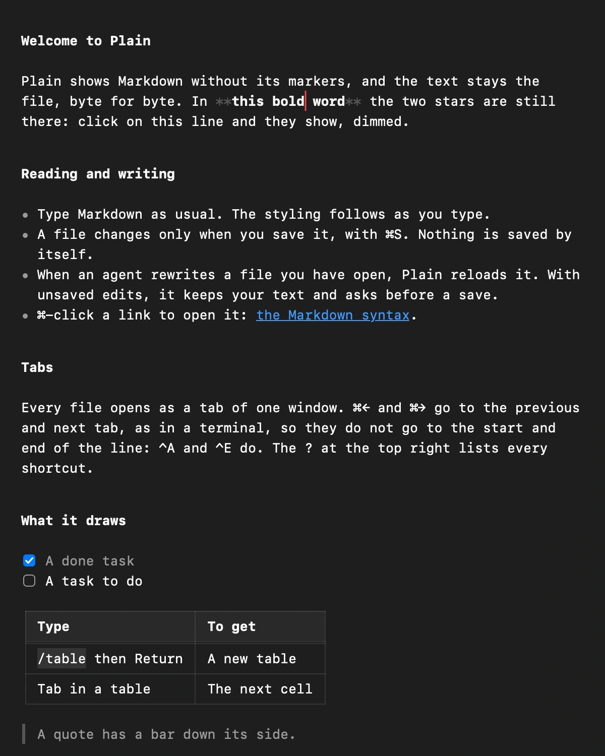 Plain's Welcome tab, drawn by Plain itself: bold headings without their markers, a list, checkboxes for tasks, an aligned table and a quote with a bar down its side. The cursor sits in a bold word, so its two stars show, dimmed.