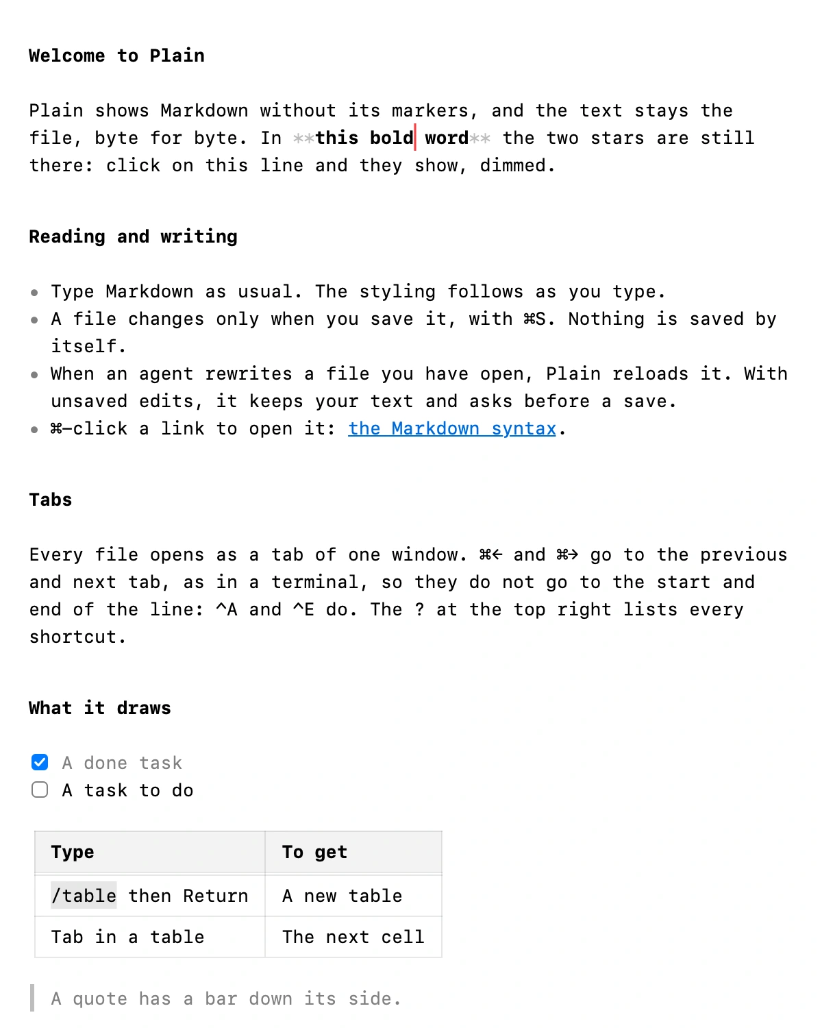 Plain's Welcome tab, drawn by Plain itself: bold headings without their markers, a list, checkboxes for tasks, an aligned table and a quote with a bar down its side. The cursor sits in a bold word, so its two stars show, dimmed.